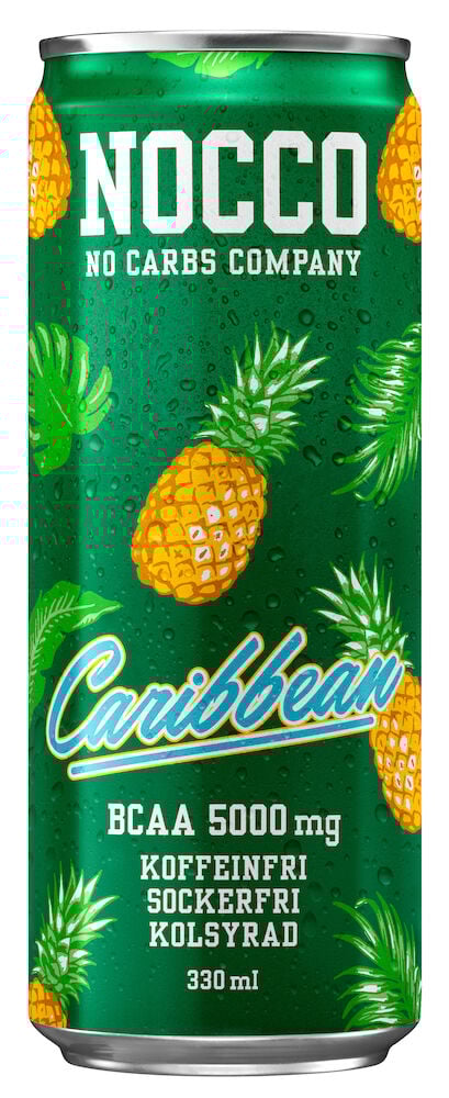 Grön NOCCO burk med ananaser och tropiskt motiv.