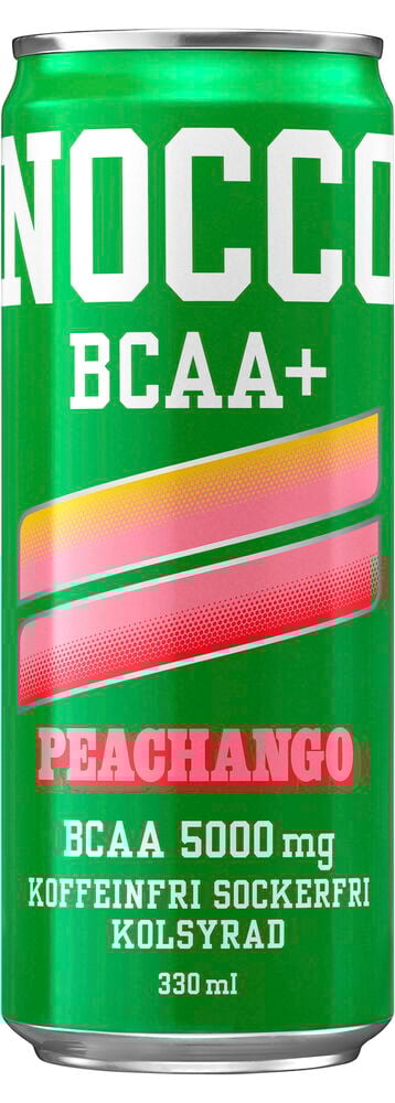 Grön burk Nocco Peachango med rosa och gul dekor.