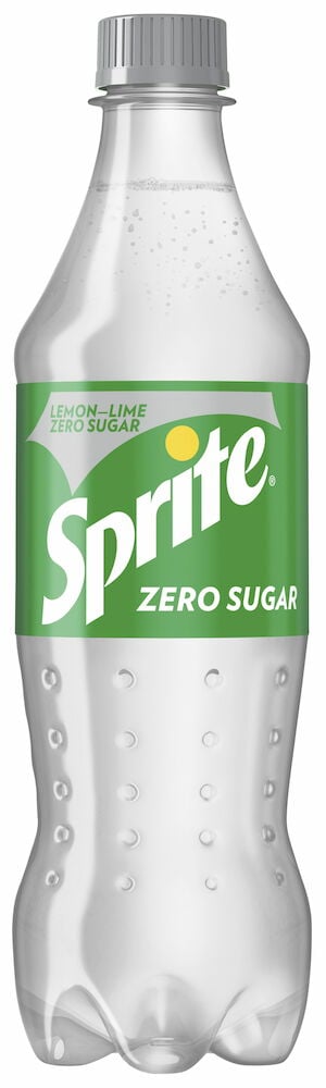 Genomskinlig PET flaska Sprite Zero med grön etikett.