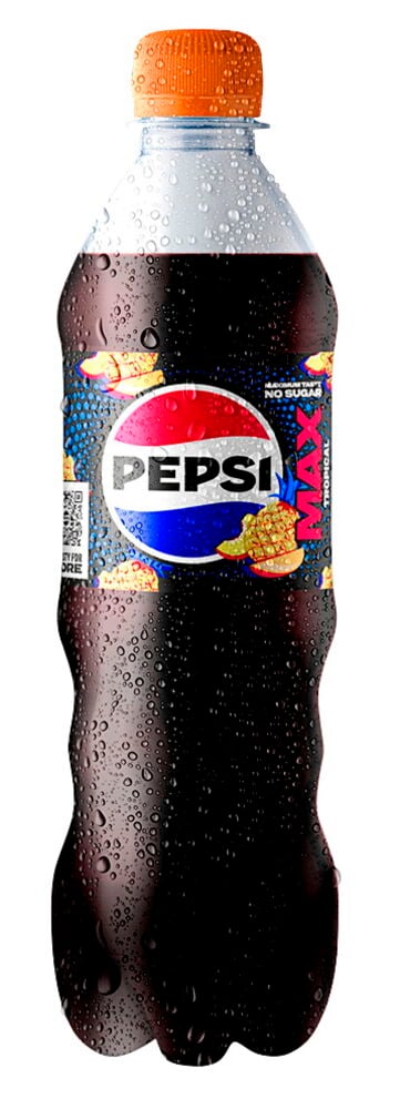 Virvoitusjuoma Pepsi Max 50 cl Tropical pullo oranssilla korkilla, tumma neste, vesipisaroita.