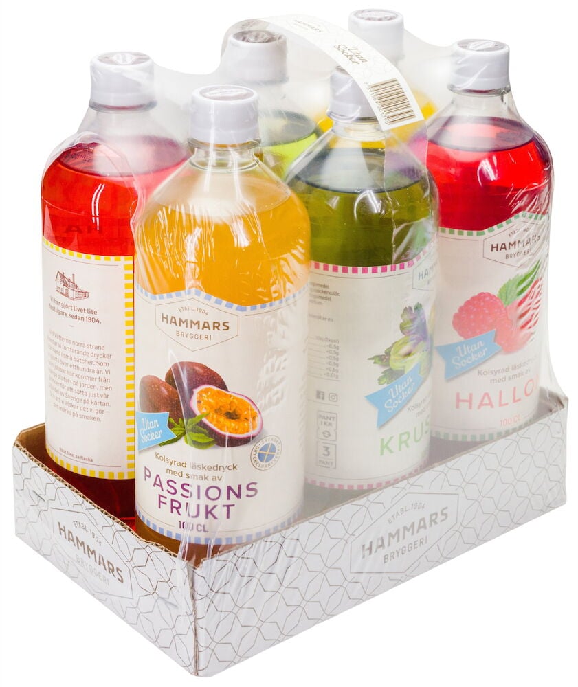 Sex PET-flaskor sockerfri läsk blandade smaker.