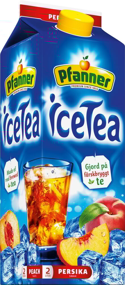 Blå juicekartong Pfanner iste persika med is och persikobitar.