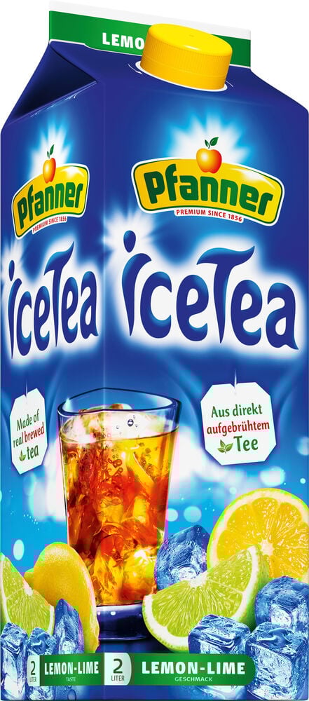 Sininen pakkaus Pfanner jäätee sitruuna lime jääpalojen kanssa.