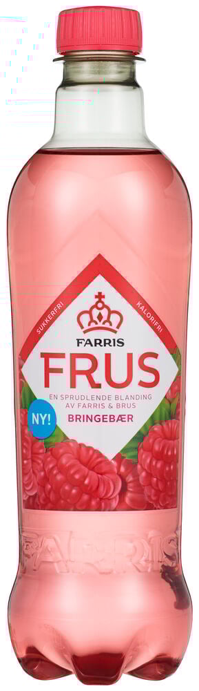 Rosa plastflaske med kullsyreholdig vann og bringebærsmak.