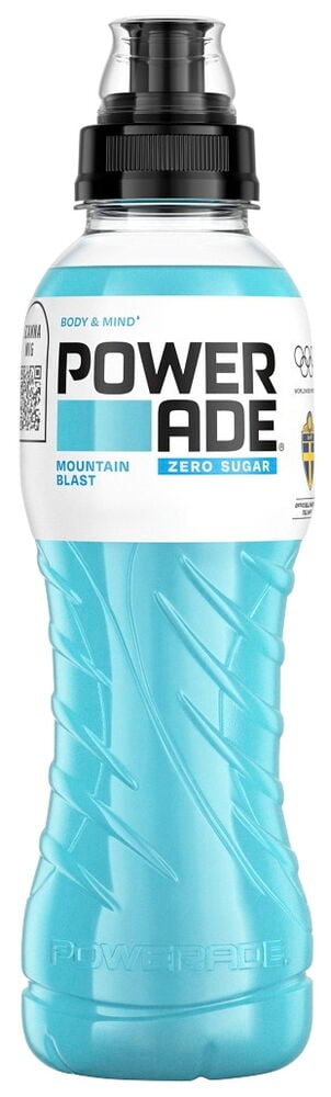 Blå sportflaska Powerade Mountain Blast Zero socker.