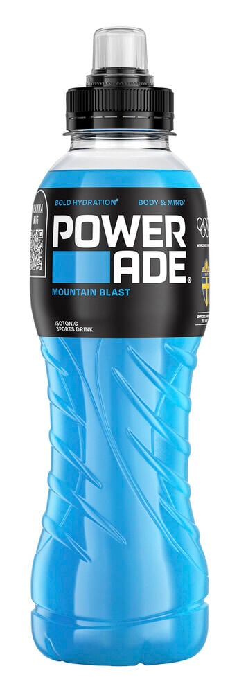 Sportdryck Powerade 500 ml Mountain Blast, en blå plastflaska med svart etikett och svart kork.