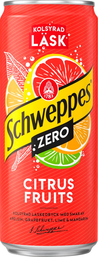 En röd burk Läsk Schweppes 33 cl Zero Citrus Fruits med fruktskivor och ett gult band.