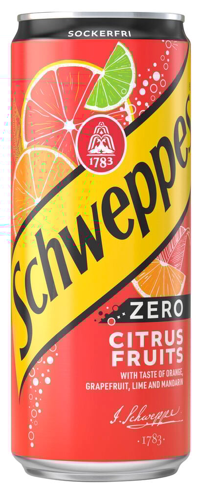 Röd Läsk Schweppes 33 cl Zero Citrus Fruits burk med apelsin-, grapefrukt- och limebitar.