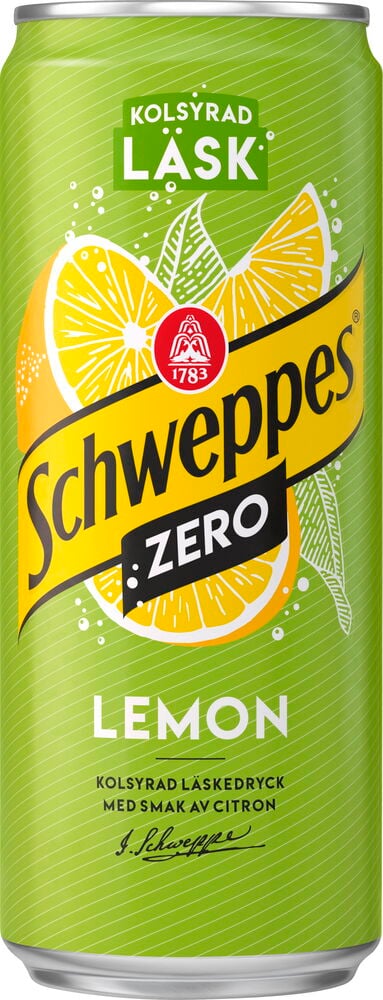 Läsk Schweppes 33 cl Zero Lemon burk, grön med en framträdande citronskiva grafik.