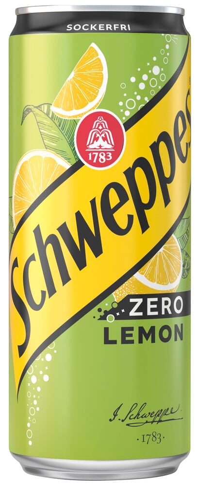 Läsk Schweppes 33 cl Zero Lemon burk, grön och gul med citronskivor och texten 'Sockerfri'.