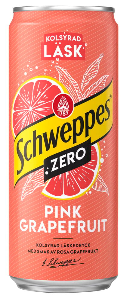 En rosa-orange burk Läsk Schweppes 33 cl Zero Pink Grapefruit med grapefruktgrafik.