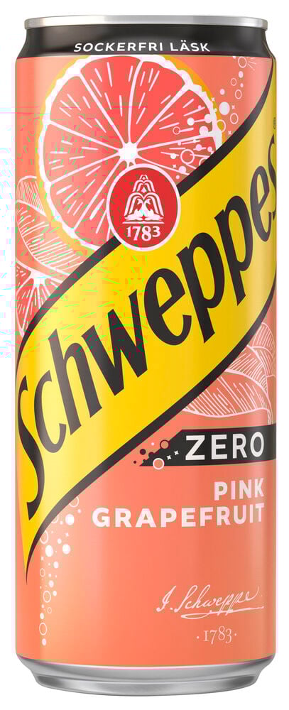 Rosa och gul Schweppes 33 cl Zero Pink Grapefruit läskburk med grapefruktmotiv.
