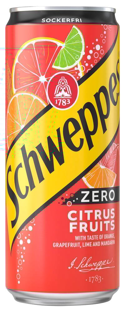 En röd Läsk Schweppes 33 cl Zero Citrus Fruits burk med gul etikett och citrusskivor.