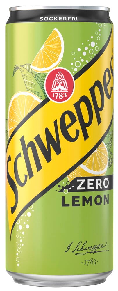 Grön och gul burk med Läsk Schweppes 33 cl Zero Lemon, citronskivor och textdetaljer.
