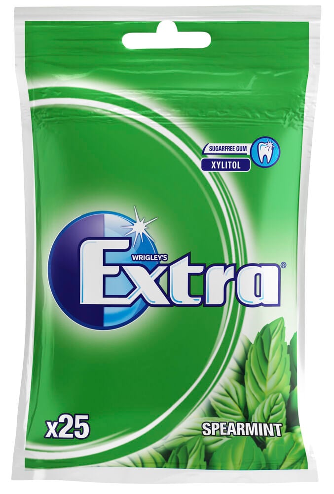Grön påse Extra tuggummi spearmint med mintblad.