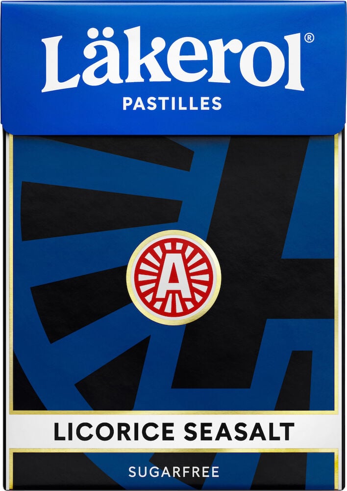 Blå ask Läkerol licorice seasalt sockerfria halstabletter.