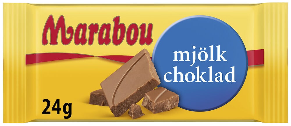 Gul förpackning Marabou mjölkchoklad 24 gram.