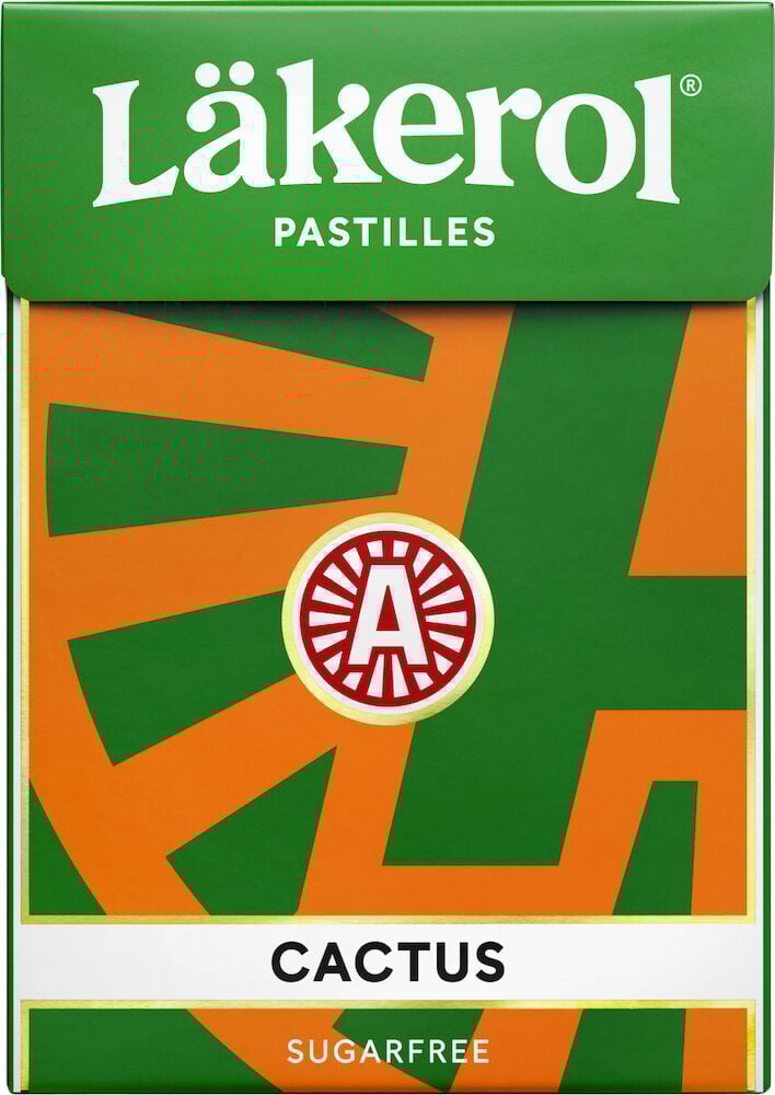 Grön och orange Läkerol ask med texten Cactus.