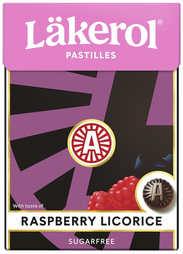 Rosa ask Läkerol pastiller hallon och lakrits.