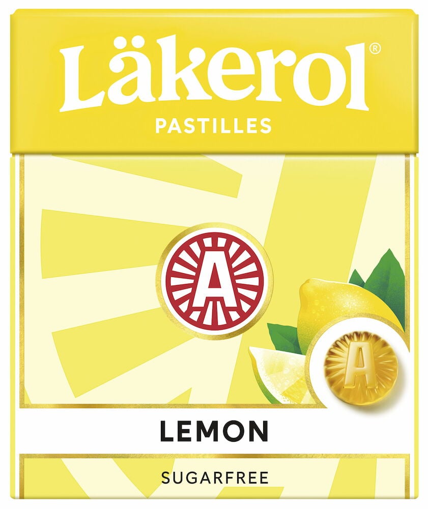 Gul ask Läkerol citronpastiller med citronskiva.