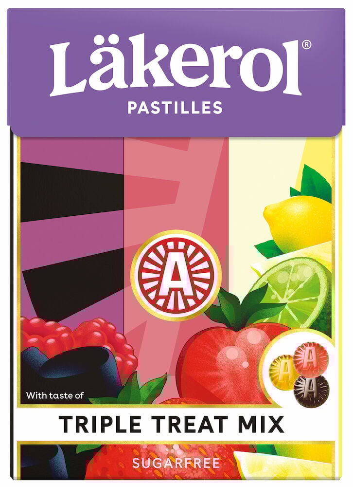 Lila ask med frukter och pastiller på framsidan.