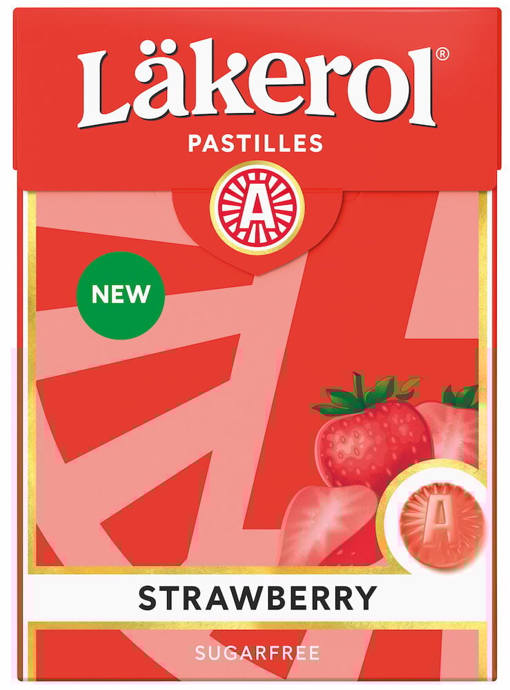 Röd påse Läkerol halstabletter med jordgubbssmak.