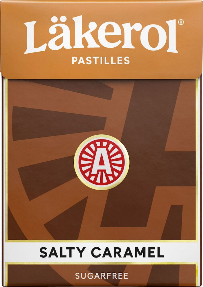 En brun ask Läkerol Salty Caramel sockerfri.