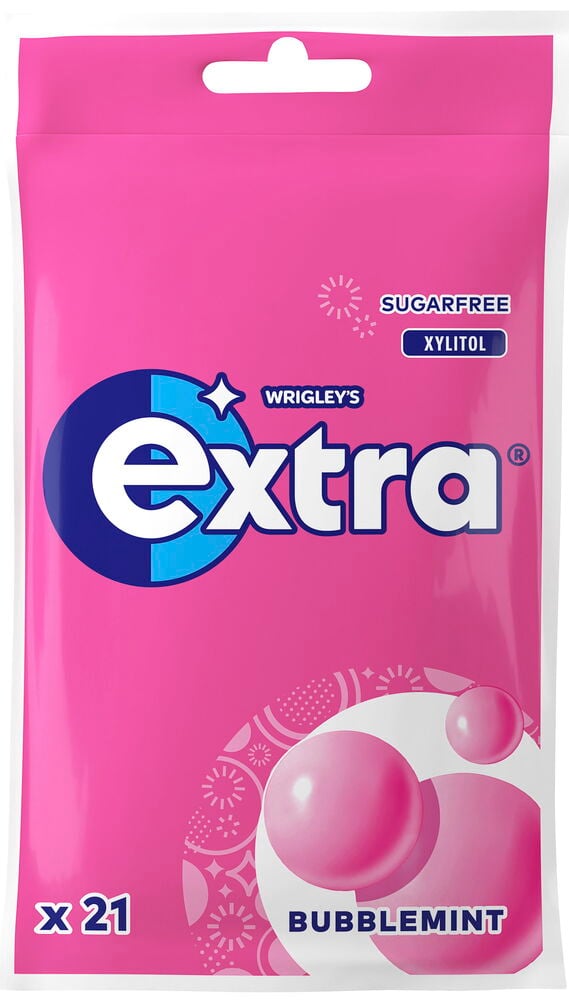 Pinkki Purukumi Extra 29 g Bubblemint -pakkaus, sokeritonta ksylitolipurukumia ja pinkkejä purukumipalloja, x 21.