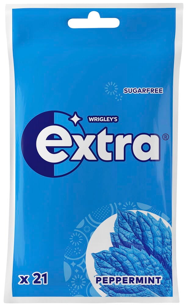 Purukumi Extra 29 g Piparminttu: sininen sokeriton pakkaus sinisillä mintunlehdillä, sisältää 21 palaa.