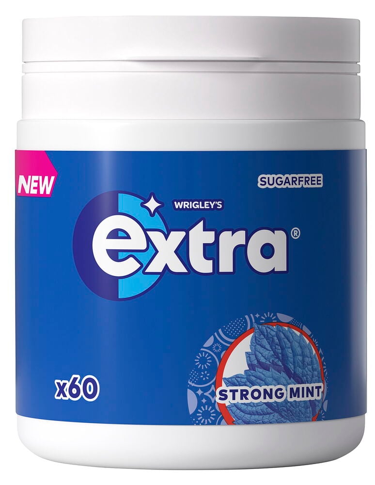 Valkoinen Purukumi Extra 84 g Vahva minttu purkki sinisellä etiketillä, 'SUGARFREE' ja mintunlehtikuva.
