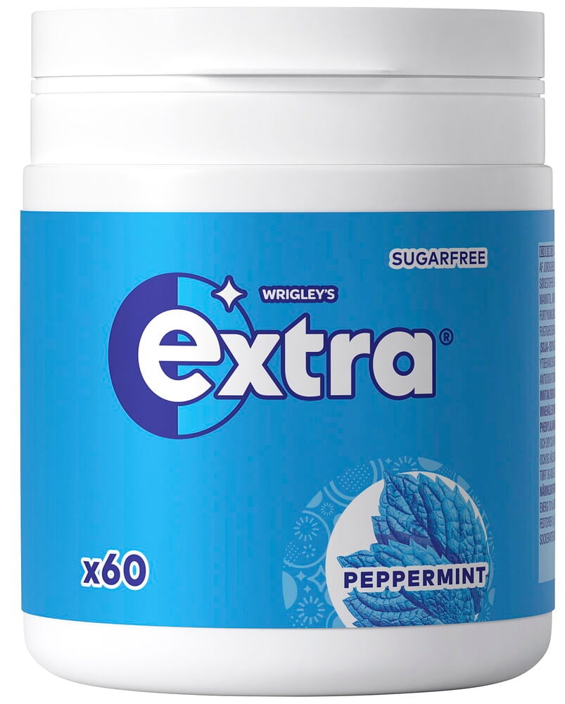Hvit sylindrisk beholder med Tyggegummi Extra 84 g Peppermint med blå etikett og peppermyntebladgrafikk.