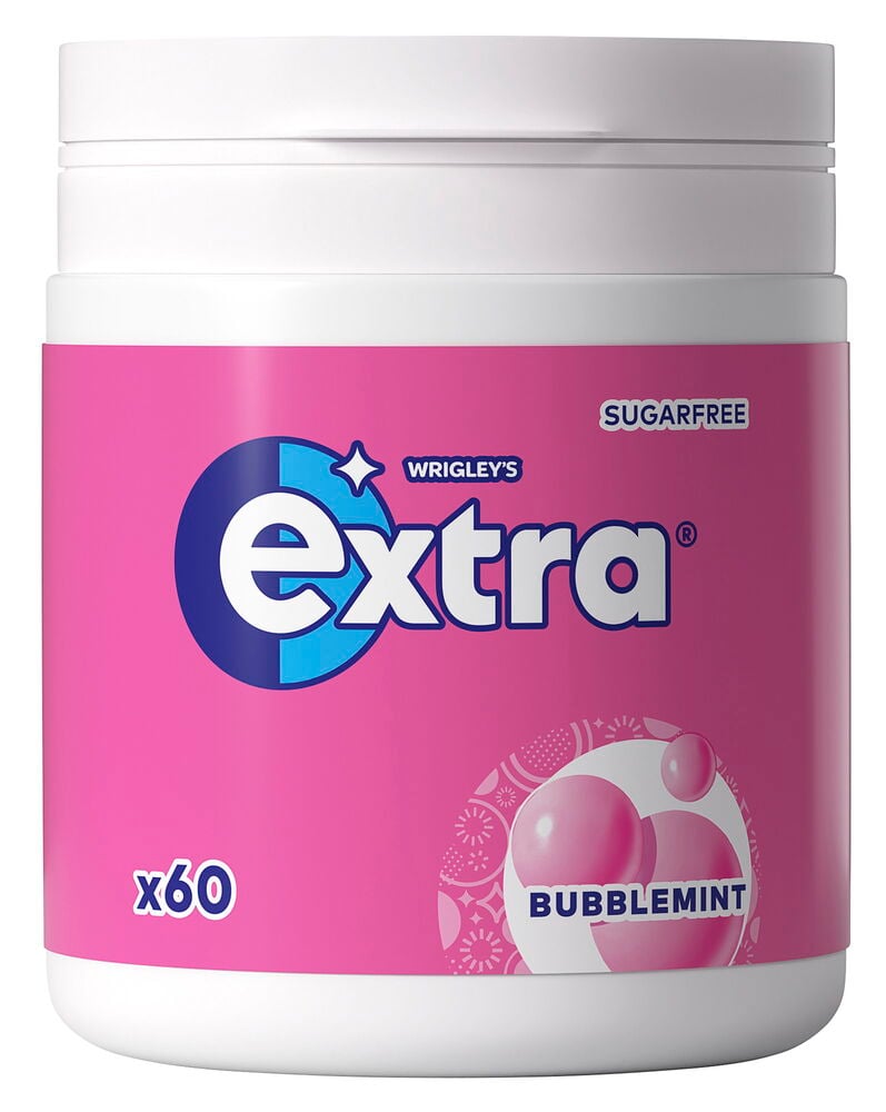 En vit cylindrisk behållare med Tuggummi Extra 84 g Bubblemint, med rosa etikett och tuggummidetaljer.