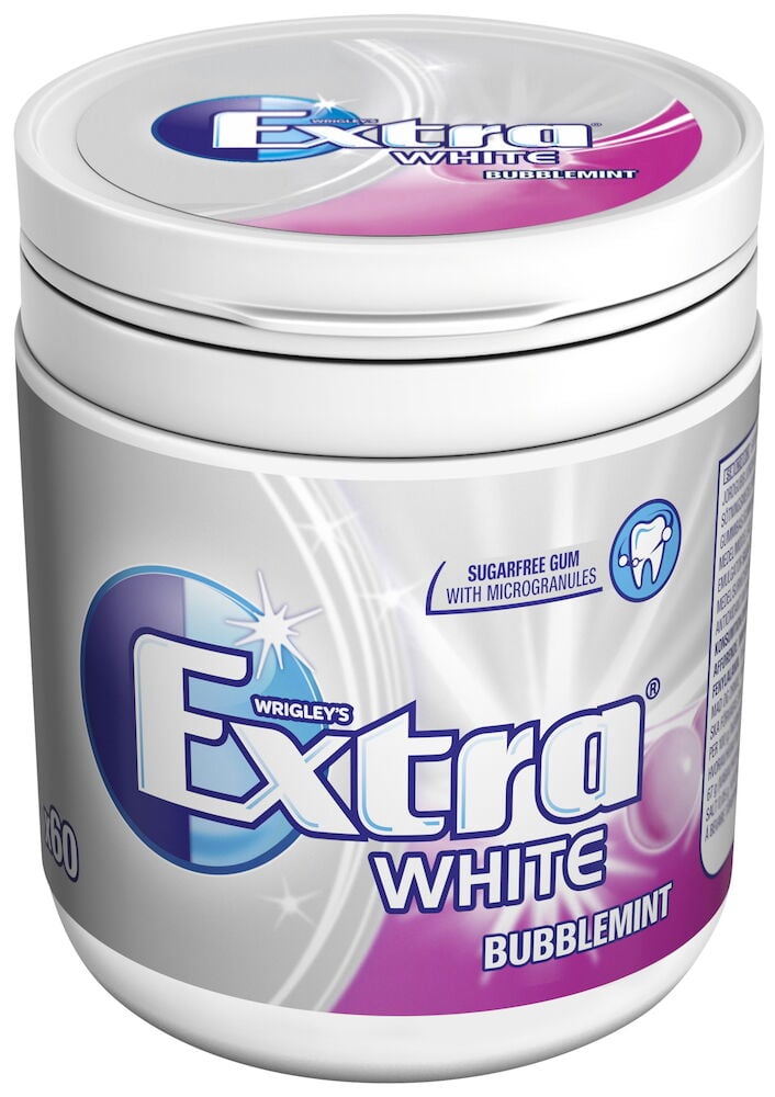 Vit burk Extra White Bubblemint tuggummi med plastlock.