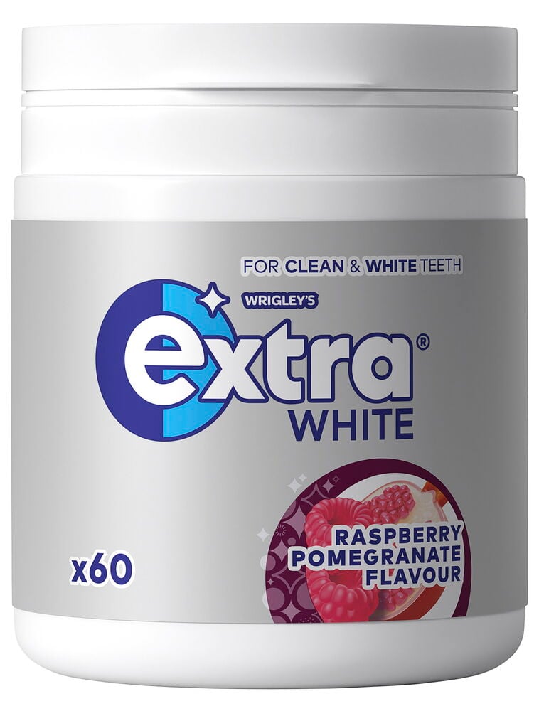 Vit plastbehållare med Extra White tuggummi, smak av hallon och granatäpple, 60 bitar.