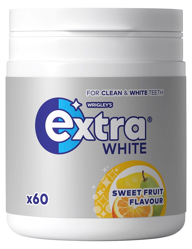 Vit plastbehållare med Extra White tuggummi, Sweet Fruit smak, 60 bitar, framifrån.