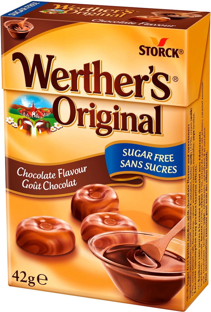 Laatikko sokerittomia suklaakaramelleja Werther’s Originalilta.