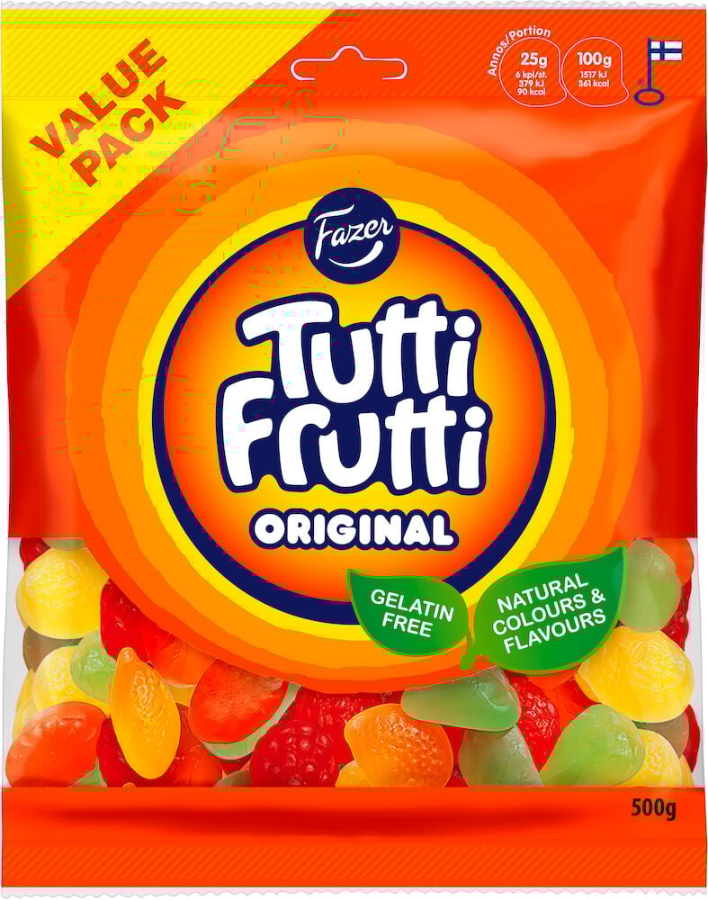 Färgglada gelégodisar i orange förpackning från Fazer.