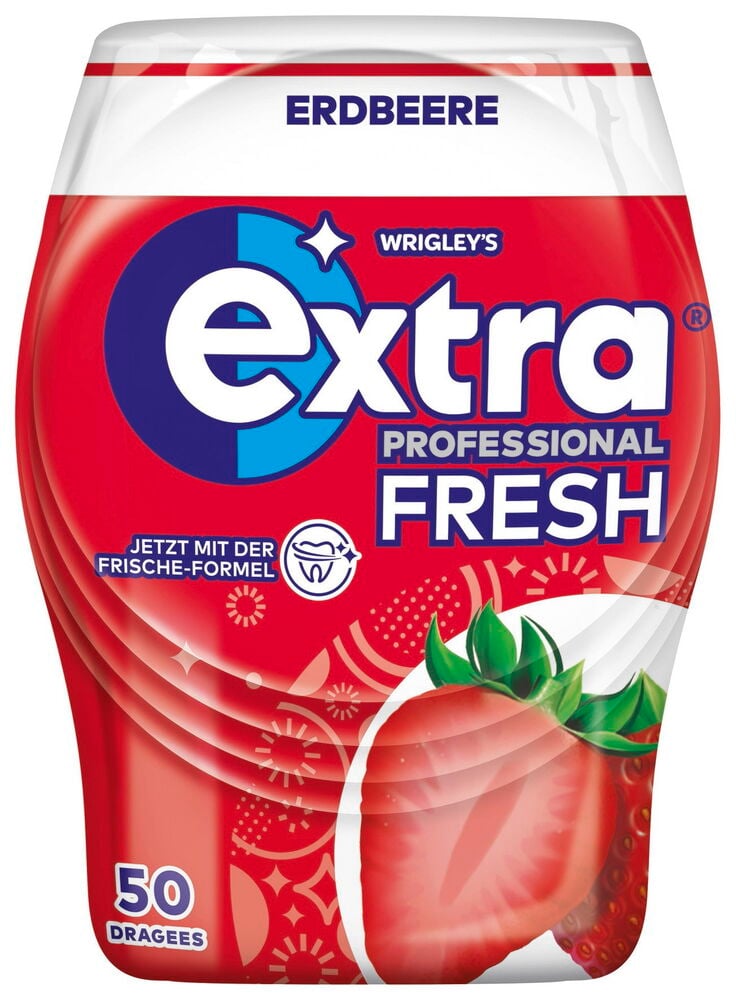 Roter Plastikbehälter mit Erdbeere und Extra Professional Logo.