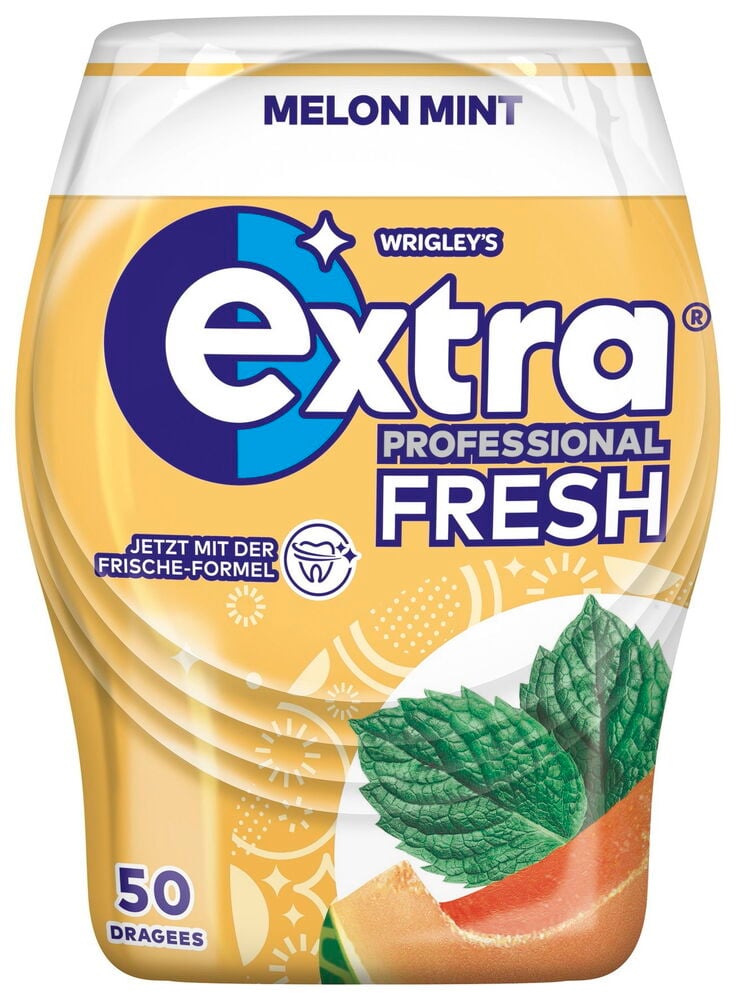 Gelber Plastikbehälter mit Extra Kaugummi Melone Minze.