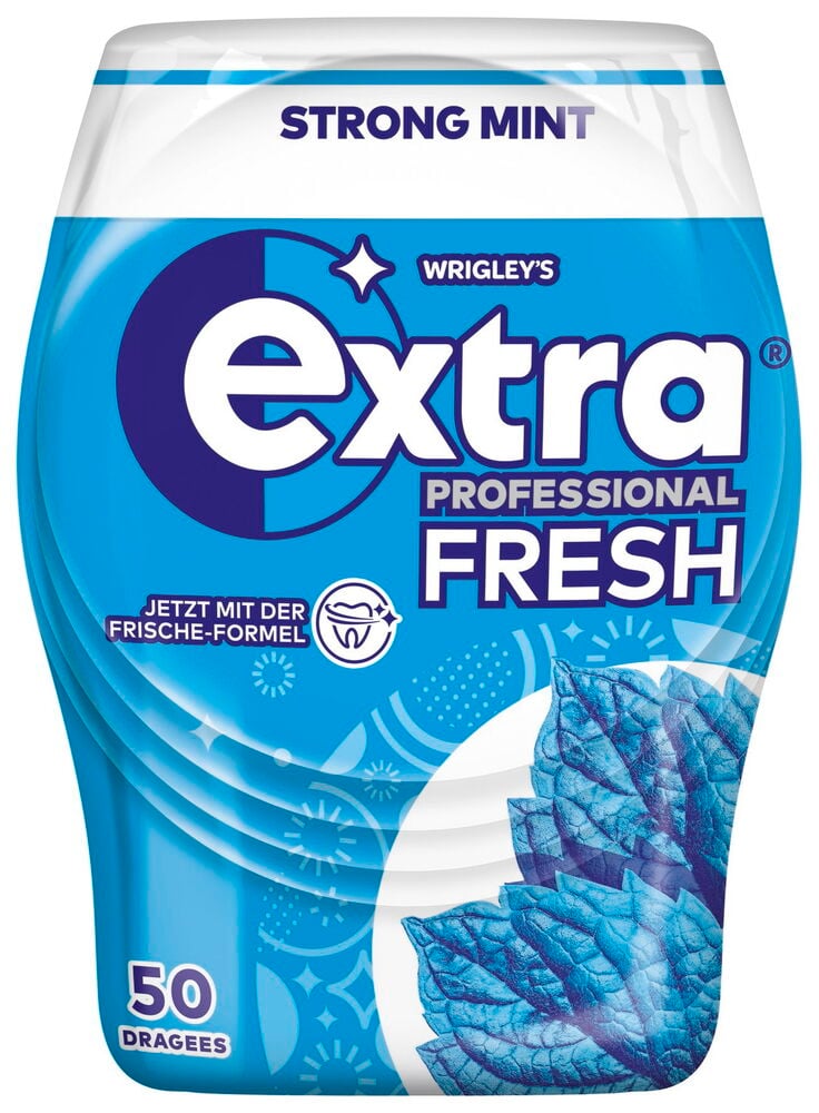 Blaue Dose Kaugummi mit Minzblatt und Etikett.