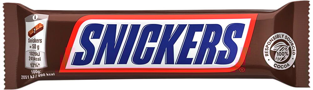 Snickers sjokoladebar i brun emballasje.
