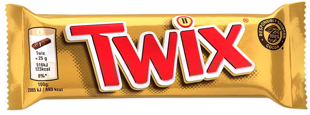 En gulldeket Twix sjokoladebar i folieinnpakning.