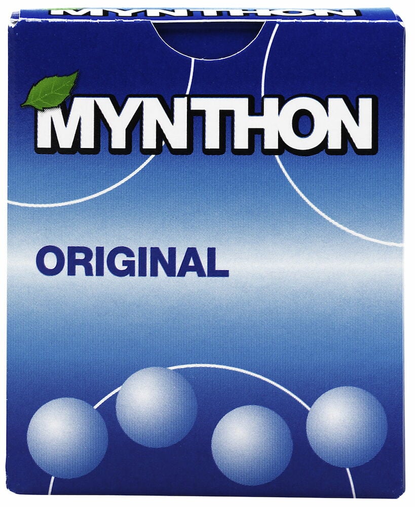 Blå ask Mynthon original halstabletter med vit text.