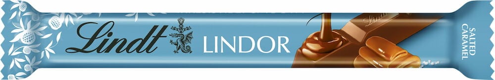 Vaaleansininen Lindt Lindor suklaapatukka suolaisen karamellin kanssa.
