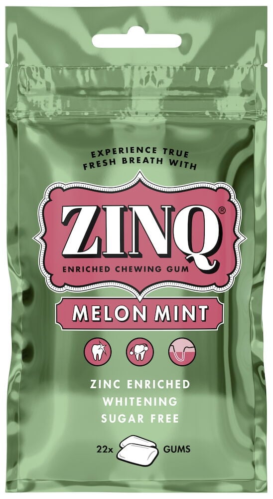 Vihreä ZINQ meloniminttu sokeriton purukumi -pussi.