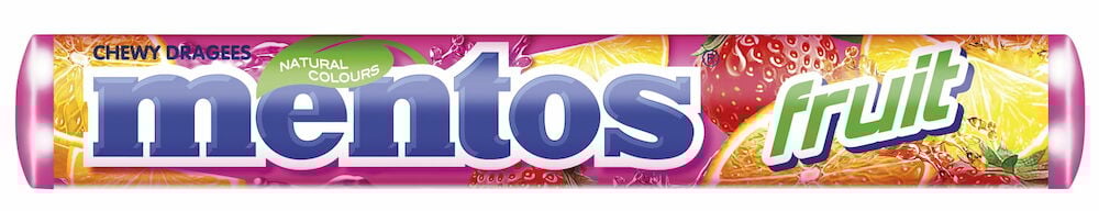 Rulla Mentos-hedelmäkarkkeja värikkäässä pakkauksessa.