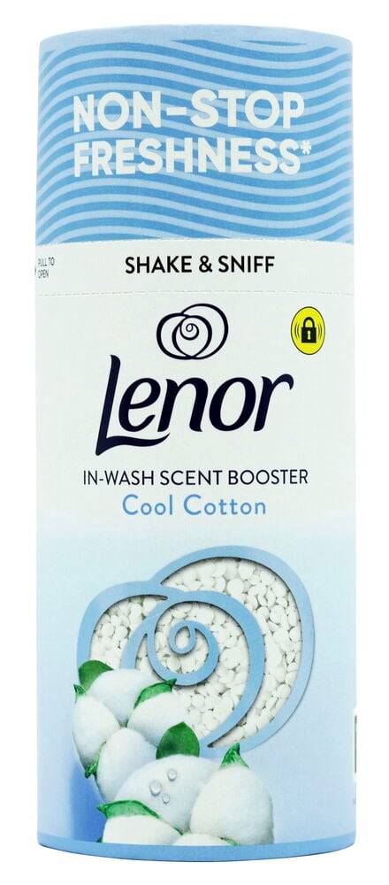 Wäscheduft Lenor 155 g Cool Cotton in einer blau-weißen zylindrischen Verpackung mit Baumwollillustration.