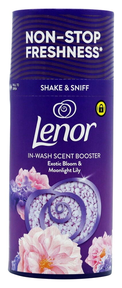 Wäscheduft Lenor 155 g Exotic Bloom in lila Flasche mit Blumen und weißen Duftperlen.
