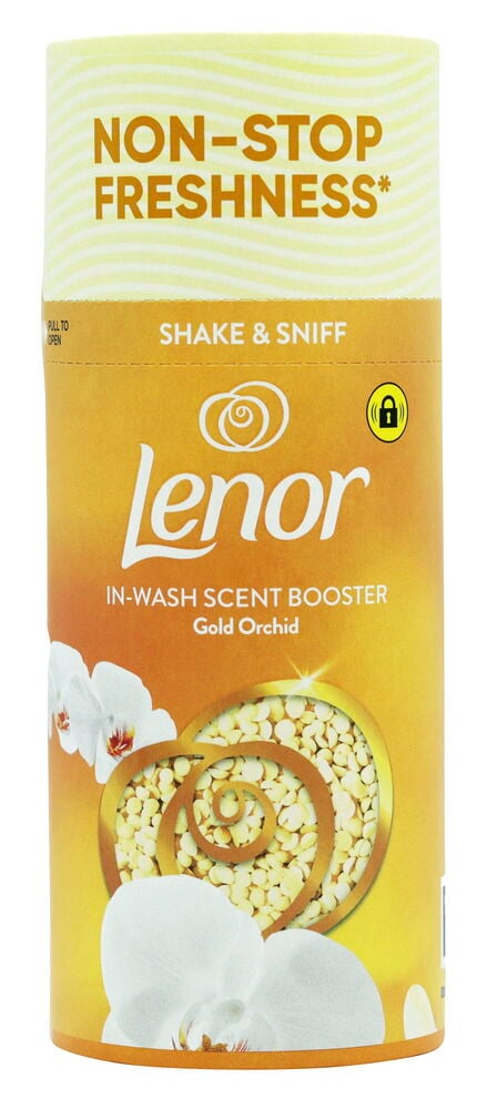 Wäscheduft Lenor 155 g Gold Orchid in einem gold-weißen zylindrischen Behälter mit Orchideenblüten.