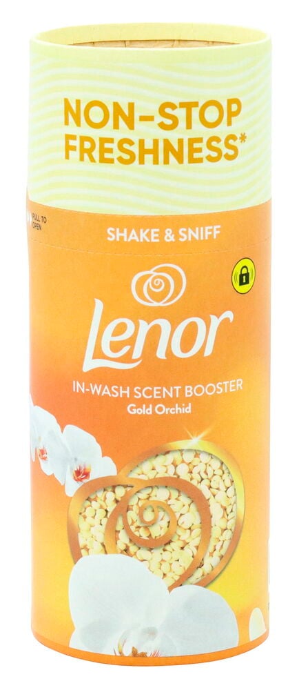Oranges Lenor Wäscheduft, 155g Gold Orchid, mit weißen Orchideen und goldenen Perlen.